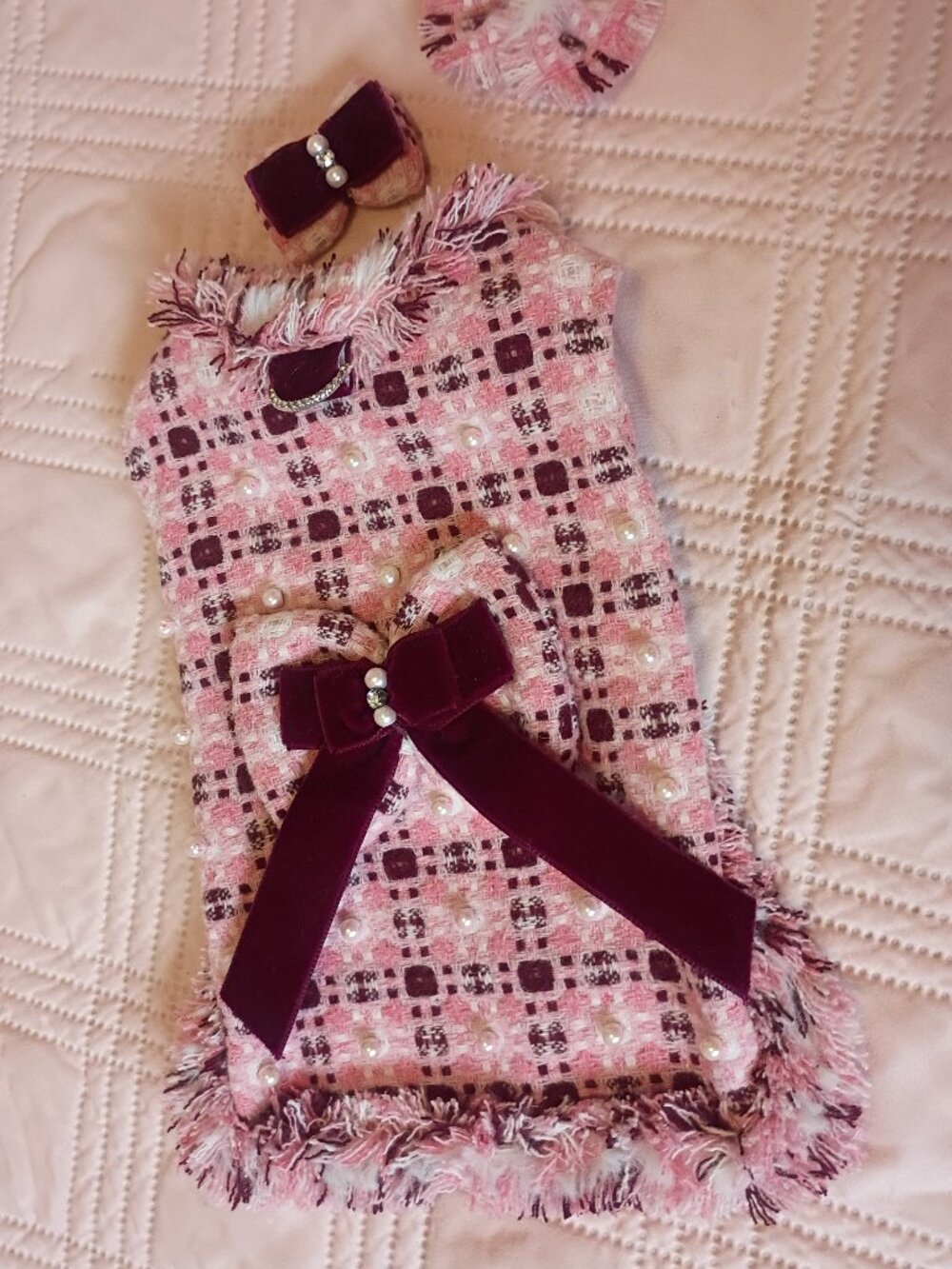 Luxury Pink and Burgundy Tweed XS Dog Jacket with hand sewn Pearls - Hand Made